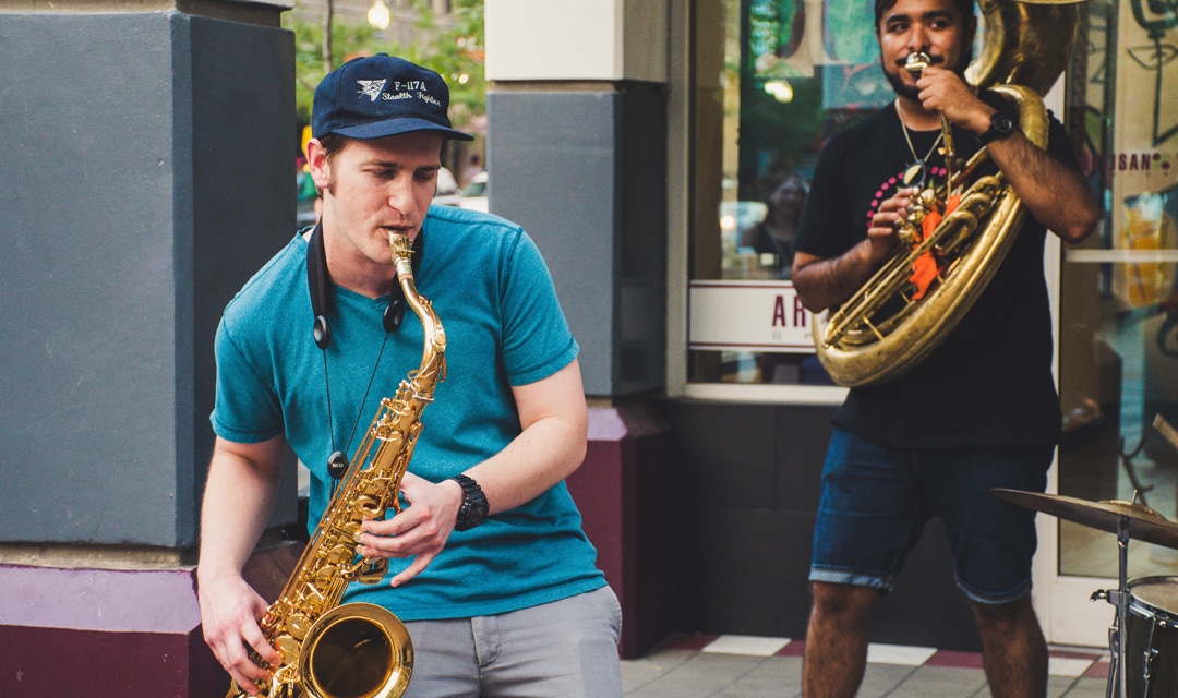 Two people playing instruments